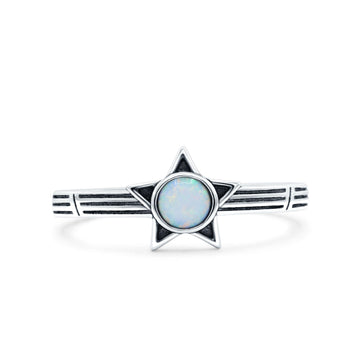 Star Petite Dainty Round Lab Created White Opal Promise Ring Band Oxidized Braided 925 Sterling Silver